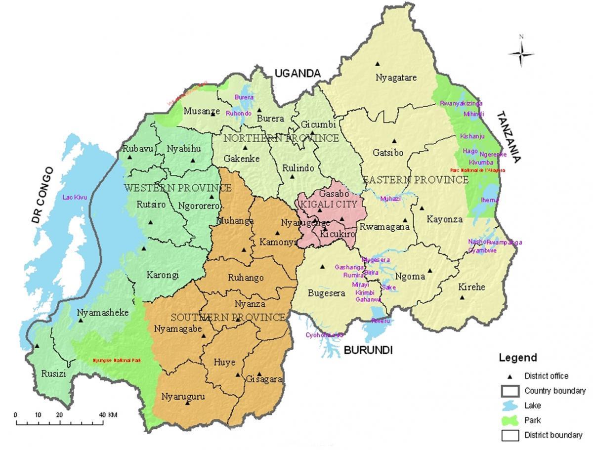 kort over Rwanda med distrikter og sektorer