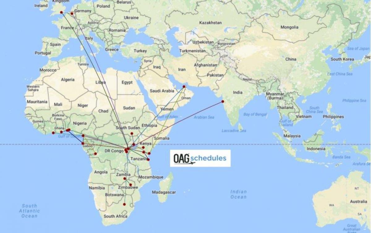 kort over rute Rwandair