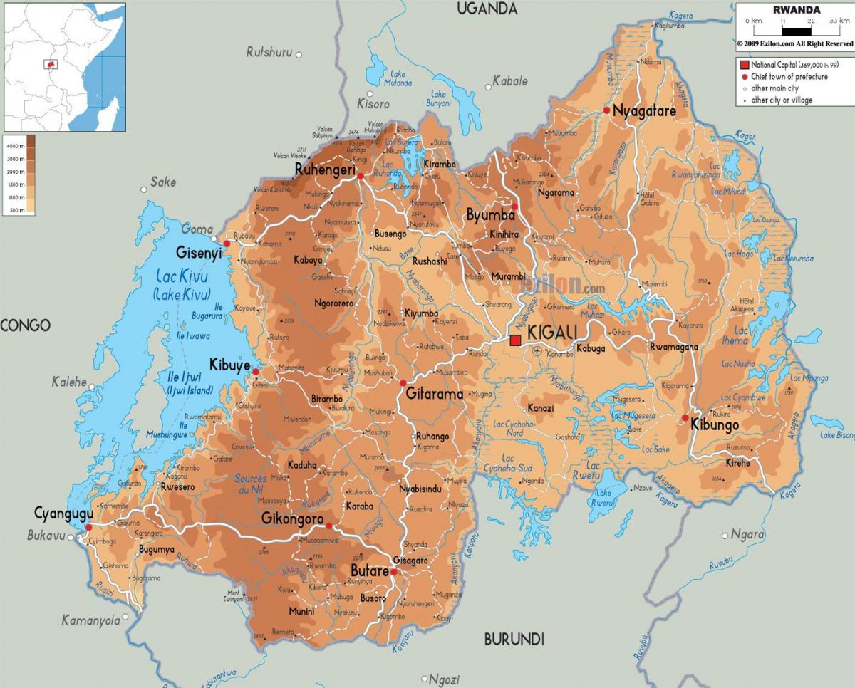 kort over den fysiske kort over Rwanda