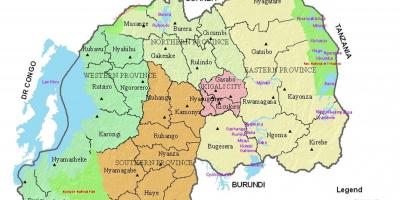Kort over Rwanda med distrikter og sektorer